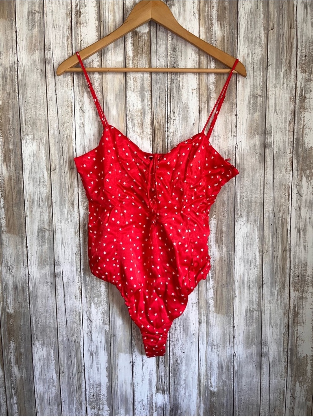 Zara Red Star Print Lace Up Satin Bodysuit NWT Y2K Festival Size L - Picture 2 of 7